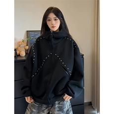 抖音得物高品质二开26春装美式高街铆钉拼接纯色开衫卫衣外套W122，女装短外套，电商A486