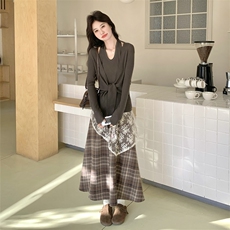 新品灰色上衣+蕾丝拼接格子半身裙套装2C158-6046-P175-K288，女装套装/套裙，2C158