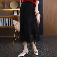 百褶半身裙女高腰显瘦遮胯大摆裙气质百搭中长款伞裙A字网纱裙夏，女装半身裙，臻维羊绒