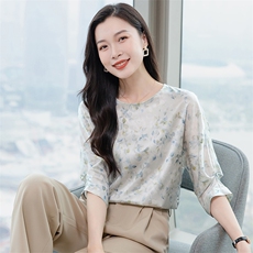 真丝衬衫女2026新款圆领复古文艺五分袖上衣女高级感宽松显瘦，女装衬衫，阿舍尔精品