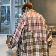 美式潮牌撞色格子拼接设计感衬衫男春秋宽松百搭长袖衬衣MC13-p52，男装衬衫，星座1008