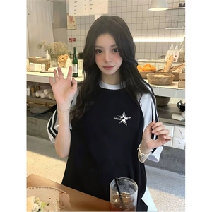 抖音得物品质二开240克宽松纯棉美式潮牌插肩三杠织带短袖T恤图片