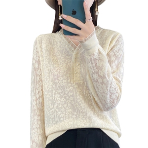 时尚V领蕾丝针织打底衫女新款优雅气质内搭提花长袖小衫百搭上衣图片