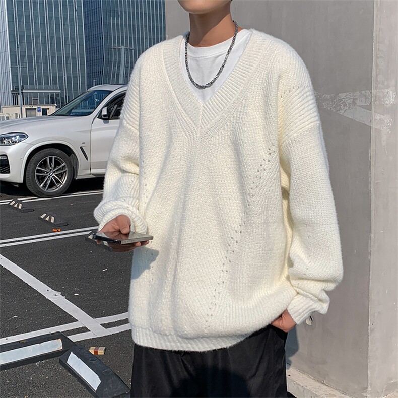 v领针织衫毛衣男秋复古慵懒风高级感上衣纯色线衣外套 YM3583-P48图片
