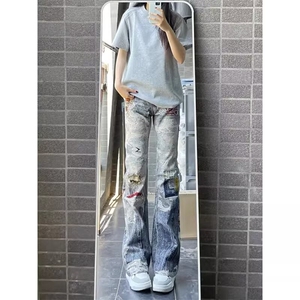 高腰阔腿破洞牛仔裤女设计感小众夏季复古显瘦做旧涂鸦垂感直筒裤图片