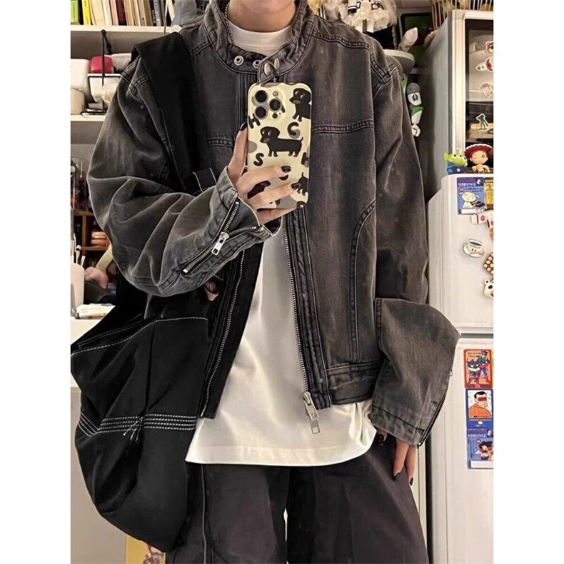新款小众牛仔外套男款春秋季痞帅高级复古机车夹克潮LJK55288-P82图片