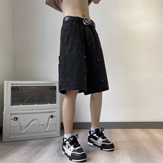 工装牛仔短裤男夏季薄款潮牌宽松直筒五分裤美式水洗休闲裤子，男装牛仔裤，星座716-2