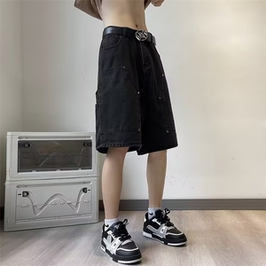 工装牛仔短裤男夏季薄款潮牌宽松直筒五分裤美式水洗休闲裤子