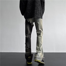 牛仔裤男高街vibe美式潮痞帅破洞拼接修身小脚微喇叭裤NT662-P48，男装牛仔裤，星座1008-1