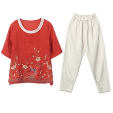 新中式刺绣苎麻衬衫套装女2025夏季新款妈妈宽松亚麻九分裤两件套，女装套装/套裙，璐依舞