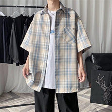 夏季格子衬衫男短袖港风宽松潮流休闲慵懒风情侣衬衣外套CS217，男装T恤，星座516A