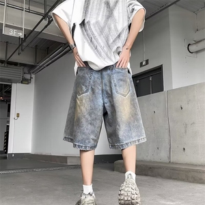 牛仔短裤男夏季美式复古潮流水洗直筒裤子高街vibe痞帅休闲五分裤图片