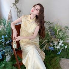 黄色刺绣新中式国风连衣裙套装女夏2025新款改良年轻款旗袍绝美，女装套装/套裙，2C129