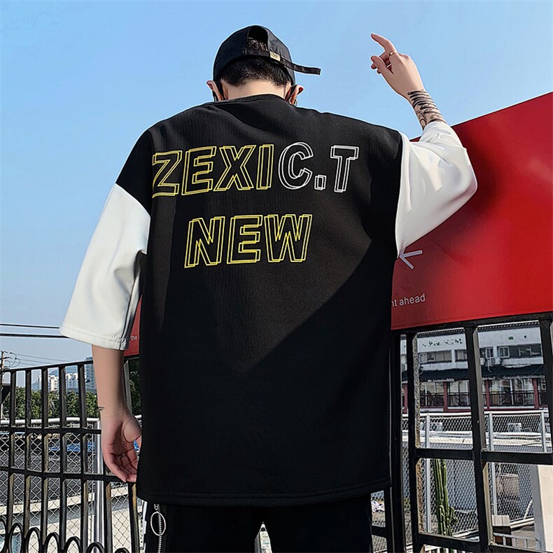 2021夏季新款宽松大码五分袖印花潮牌插色短袖T恤男 A436-H32图片