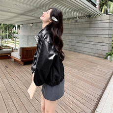 《48H发》翻领美拉德机车宽松皮衣短外套，女装皮衣，辰辰家