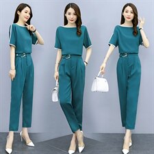 S2023夏装新款大码女装两件套夏季时尚上衣裤子套装6613，女装套装/套裙，韩美纤衣