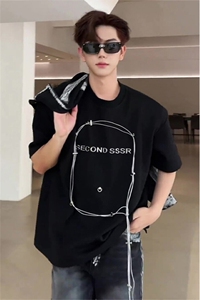 设计感垫肩短袖t恤男潮牌欧美小众原创高级美式高街夏重磅五分袖图片