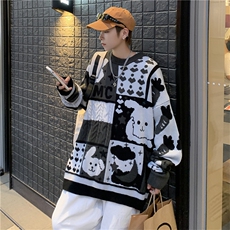 秋冬季宽松慵懒圆领情侣针织衫日系复古卡通拼色毛衣男M814-P45，男装针织衫/毛衣，星座512-2