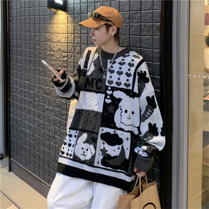 秋冬季宽松慵懒圆领情侣针织衫日系复古卡通拼色毛衣男 M814-P45图片