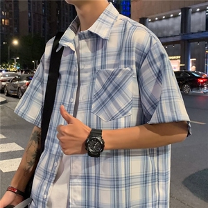 夏季薄款短袖格子衬衫男复古ins港风宽松长袖 CW1097图片