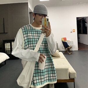 韩版毛背心男宽松个性格子潮流复古马甲毛衣 T016-P55图片