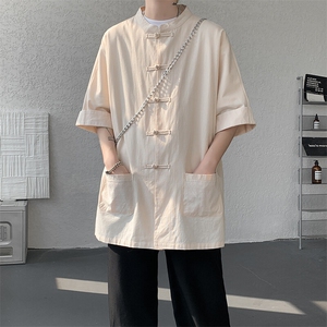 8XL-M 新中式衬衫男中山装麻棉风复古中袖衬衣唐装CS527P60图片