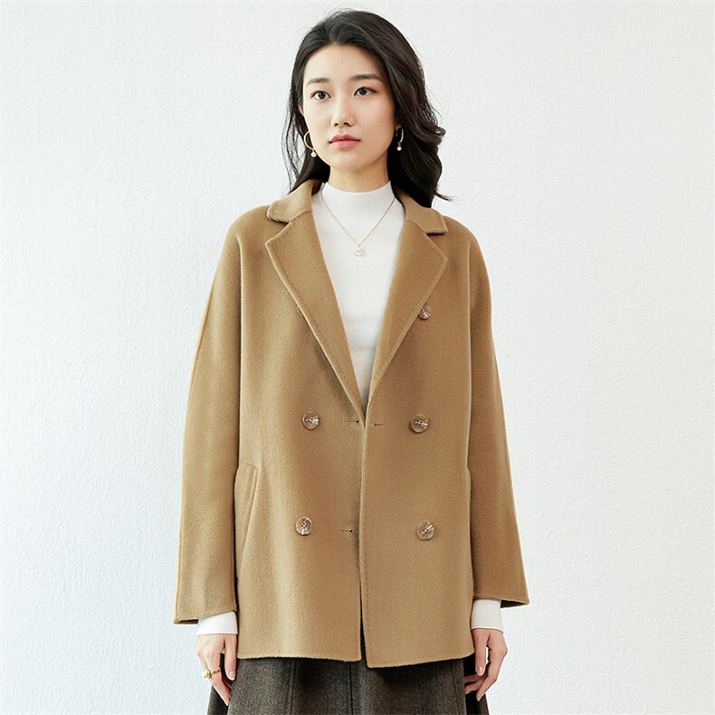 秋冬新款双面呢小个子简约百搭双排扣纯色羊毛外套，女装毛呢外套，高哲羊绒