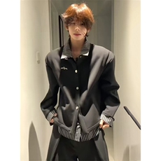 网图有货条纹衬衫假两件拼接开衫卫衣翻领宽松外套男女A997-P58，男装衬衫，星座1505