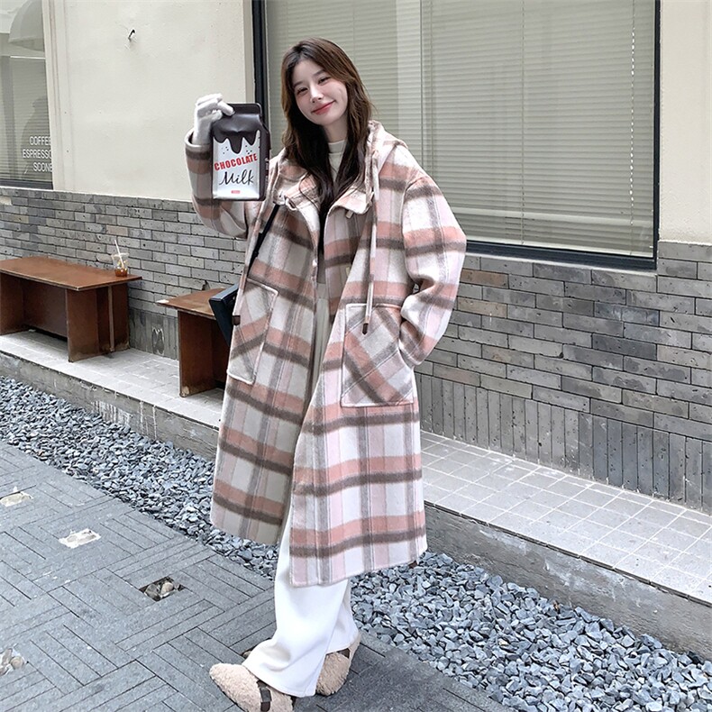 粉色格纹连帽双面羊绒大衣女2024冬季新款韩系宽松小个子毛呢外套,女装毛呢外套,千寻