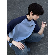 抖音得物高品质二开240克宽松纯棉美式潮牌插肩袖拼接短袖T恤，男装T恤，电商A486