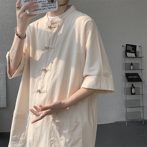 8XL-M 新中式衬衫男中山装麻棉风复古中袖衬衣唐装CS527P60图片