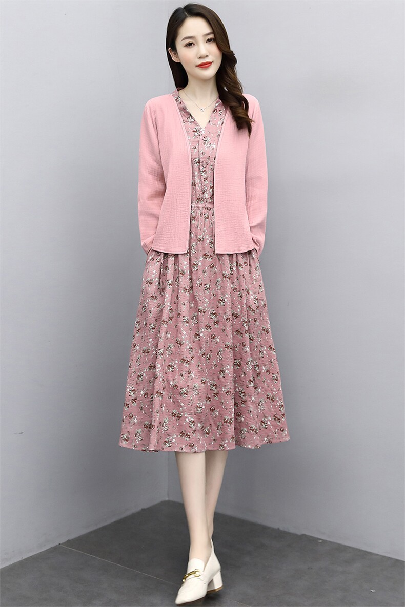 2021春季新款时尚休闲优雅复古印花棉麻连衣裙两件套,女装连衣裙,香水丽阁