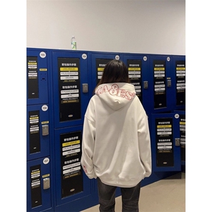 美式复古火焰字母刺绣连帽卫衣男女秋冬加绒宽松情侣潮帽衫上衣图片