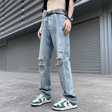 牛仔裤男夏季水洗美式高街复古直筒潮牌宽松阔腿百搭裤N06046-P42，男装牛仔裤，星座308B-2