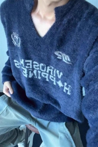 美式复古V领运动风球服毛衣马海毛针织衫学院风外套 MY701 特P63图片