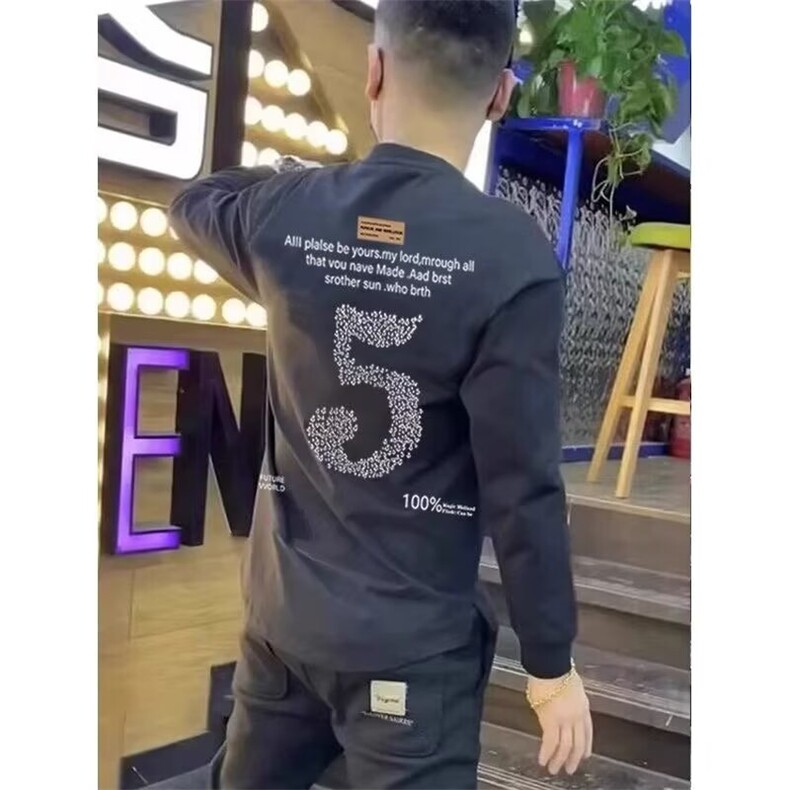 美式高街重磅长袖T恤男春季潮牌港风痞帅印花上衣,男装衬衫,星座506A