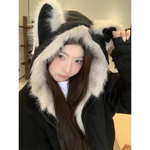 高级感甜酷座山雕猫耳朵棉服冬季新款百搭宽松连帽棉衣外套,初中女生穿搭春季酷图片