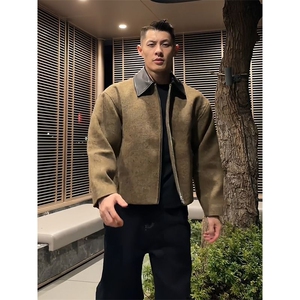 老钱风毛呢翻领拼接短款外套男秋冬季高级感boxy版型宽松正肩夹克
