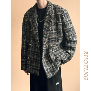 现货新款小香风西装外套男潮格纹呢子西服A351-AX2506-P125,西装外套搭配网纱裙冬天图片