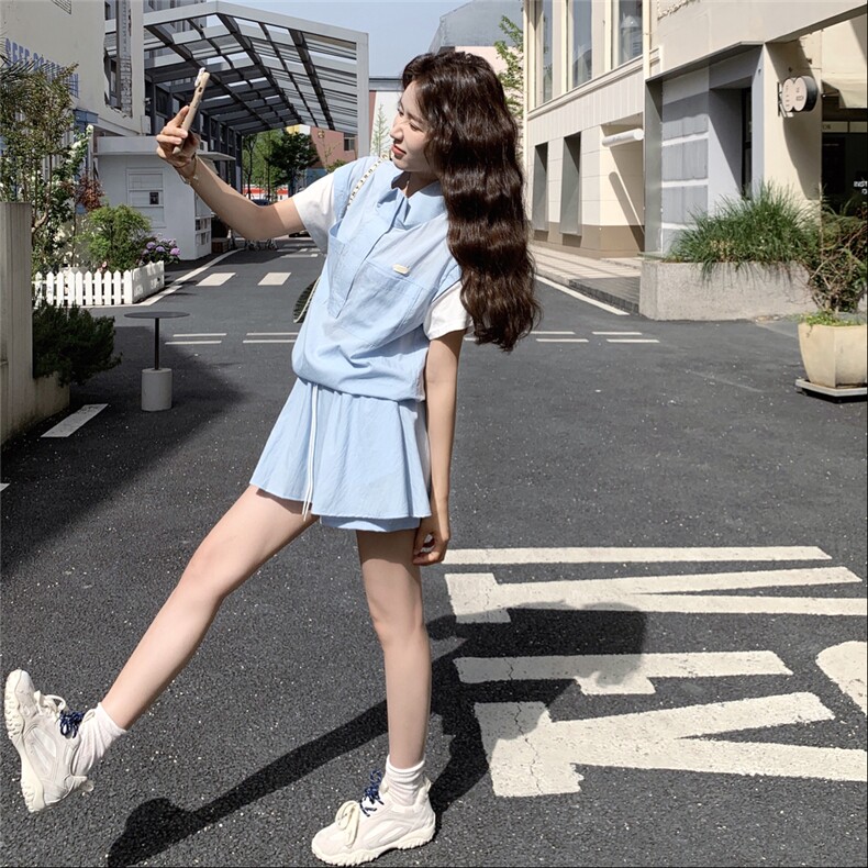 蓝色韩范气质学院风衬衣套装女夏季2025新款一整套阔腿短裤两件套,女装套装/套裙,2C135