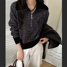 2025年秋季新款花纱拉链半开高领针织上衣休闲时尚通勤，女装针织衫/毛衣，圣旺供货