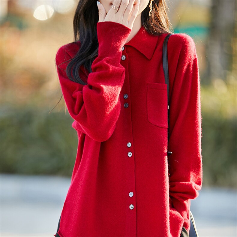 纯澳毛POLO领带兜长袖宽松针织衫春秋衬衣显瘦高级感纯色开衫，女装羊毛衫，哲奥羊绒