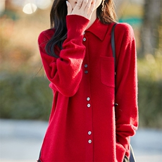 纯澳毛POLO领带兜长袖宽松针织衫春秋衬衣显瘦高级感纯色开衫，女装羊毛衫，哲奥羊绒