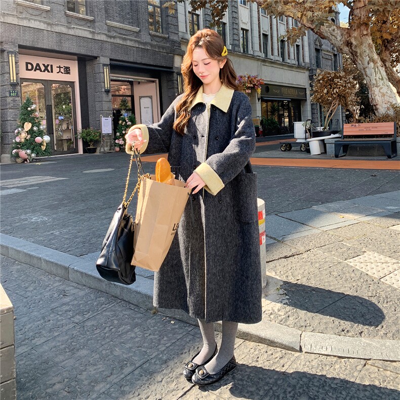 灰色复古围巾双面羊毛大衣女2025冬季新款韩系慵懒风长款毛呢外套,女装羊绒大衣,2B109