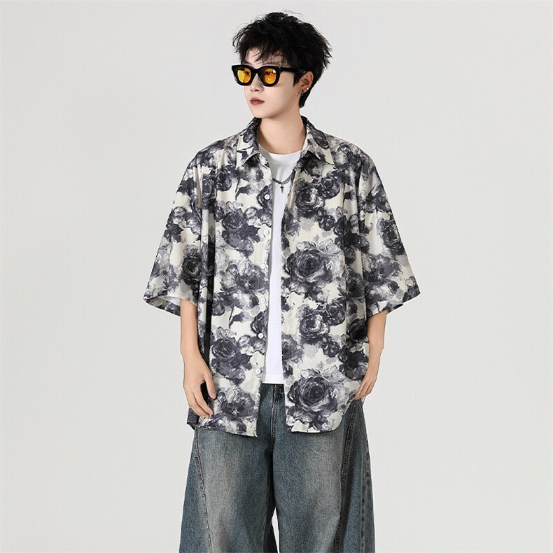 2025现货印花短袖衬衣男潮牌冰丝花衬衫A351-AC25602-p48控89,男装T恤,电商A351