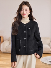 温柔紫色双面羊毛外套女2025秋冬短款圆领蝴蝶结洋气减龄毛呢大衣，女装毛呢外套，韩宇舍