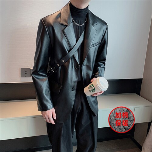 男士小众网红韩版复古pu皮西装宽松加棉加厚皮外套西装XZ036-P130,男装西服套装,电商B267