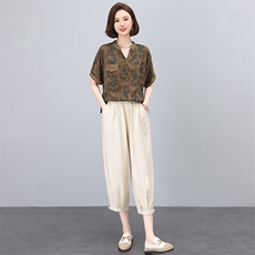 中年妈妈休闲九分裤女夏季宽松薄款哈伦裤2025新款洋气松紧腰裤子，女装套装/套裙，多彩