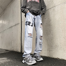 港风破洞牛仔裤宽松合体直筒裤美式高街牛仔裤N0845-P48，男装牛仔裤，星座308B-1