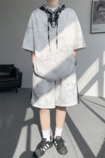 TZ788-特P58控98夏连帽格子撞色扎染冰感冰丝大码短袖短裤套装，男装休闲套装，电商A059